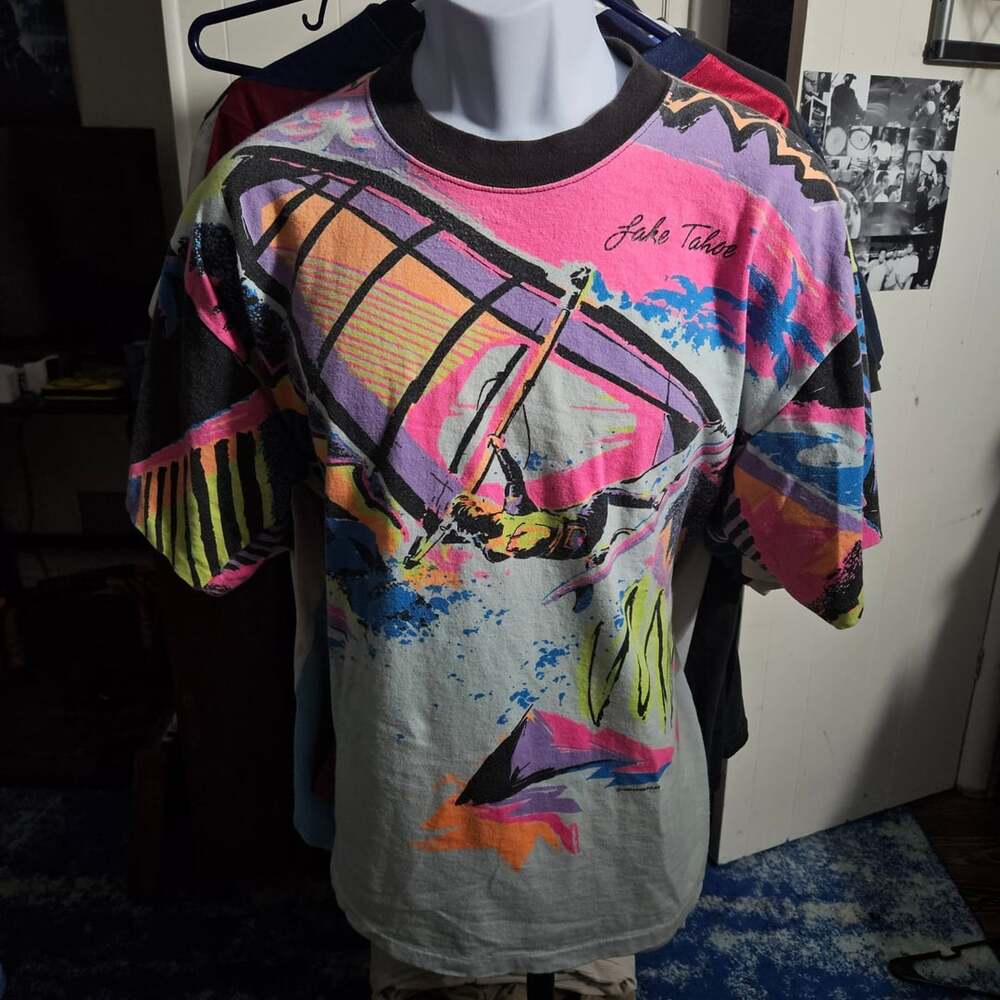 Vintage 1989 Lifestyles Lake Tahoe Windsurfing AOP T-Shirt XL